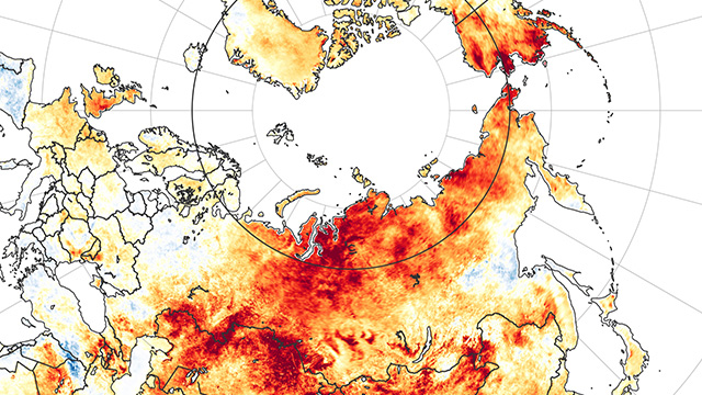 미국 항공우주국(NASA)이 올해 3월 19일부터 6월 20일까지 시베리아의 지표면 온도를 측정한 지도. 기온이 평년보다 높을수록 붉게 표시되는 지역이 광범위하게 나타나고 있다. [사진 출처 : EPA=연합뉴스]