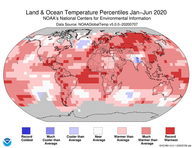 2020년 상반기 전 지구 기온 분포, 출처: 미 해양대기청(NOAA)