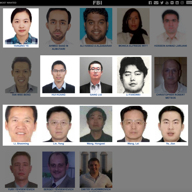 미국 FBI는 간첩 혐의 도주자 18명을 홈페이지에 공개하고 있다. 18명 가운데 9명이 중국인이다 (출처-미국 FBI)