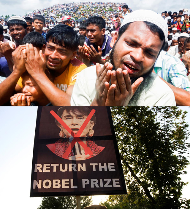 2017년, 학살을 피해 같은 이슬람국가인 방글라데시로 피난길에 오른 로힝야족. (사진 : 로이터) / 아웅산 수치고문의 노벨평화상을 회수하라는 영국 시민들의 피케팅 