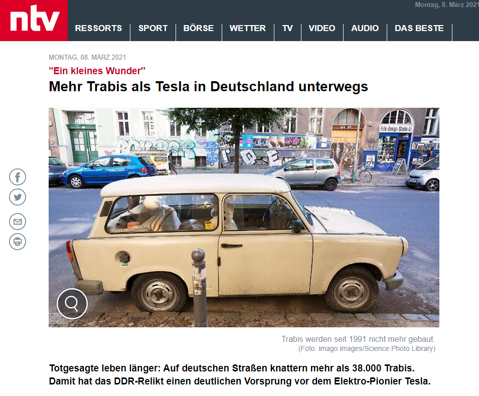 “독일 도로엔 테슬라보다 트라비가 더 많다” (출처=NTV 홈페이지 화면)