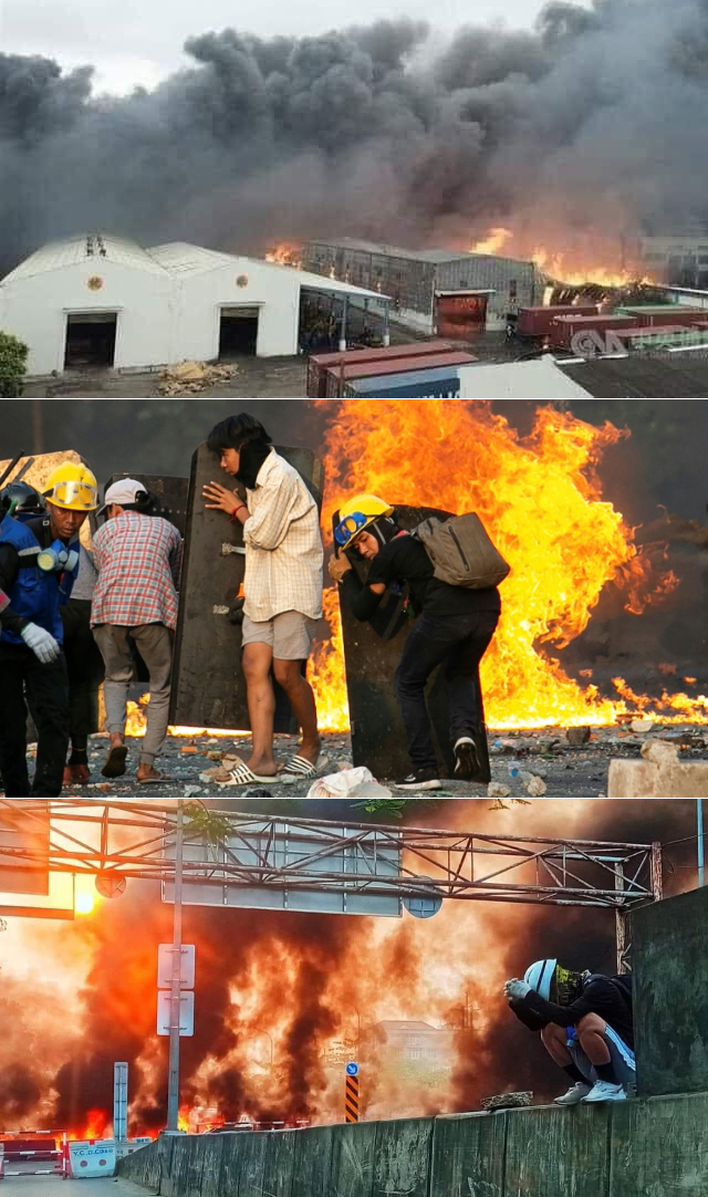 양곤 훌라잉타야의 중국 투자공장들이 불타고 있다.  훌라잉타야 지역에서만 지난 주말 50여 명의 시민들이 숨졌다.