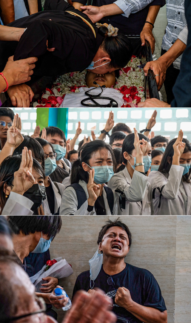 지난 14일 양곤 훌라잉타야에서 군경의 총에 숨진 칸 니하르 하인의 장례식이 열렸다.  양곤 약학대학 1학년 칸 니하르는 자신이 중국계 미얀마인이라는 사실을 거부했다.
