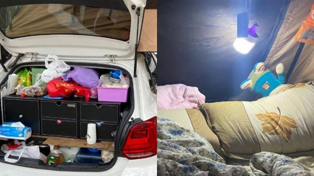 (왼쪽) 할머니  트렁크에 실린 각종 생필품  (오른쪽) 텐트 내부의 모습 (출처 :  블로그 작가 인셩린)