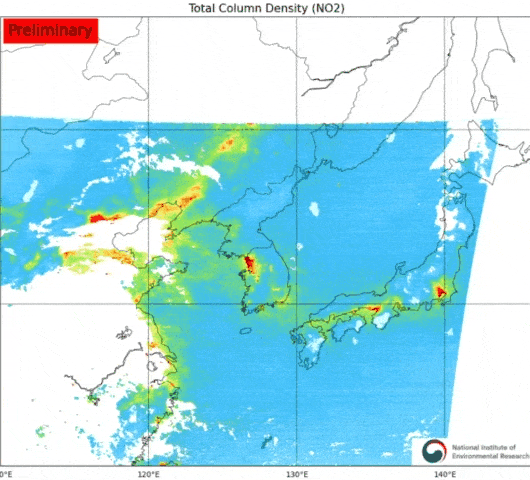 어제(20일) 환경위성 천리안 2B호가 촬영한 한반도 주변 이산화질소 농도(자료 : 국립환경과학원 환경위성센터)