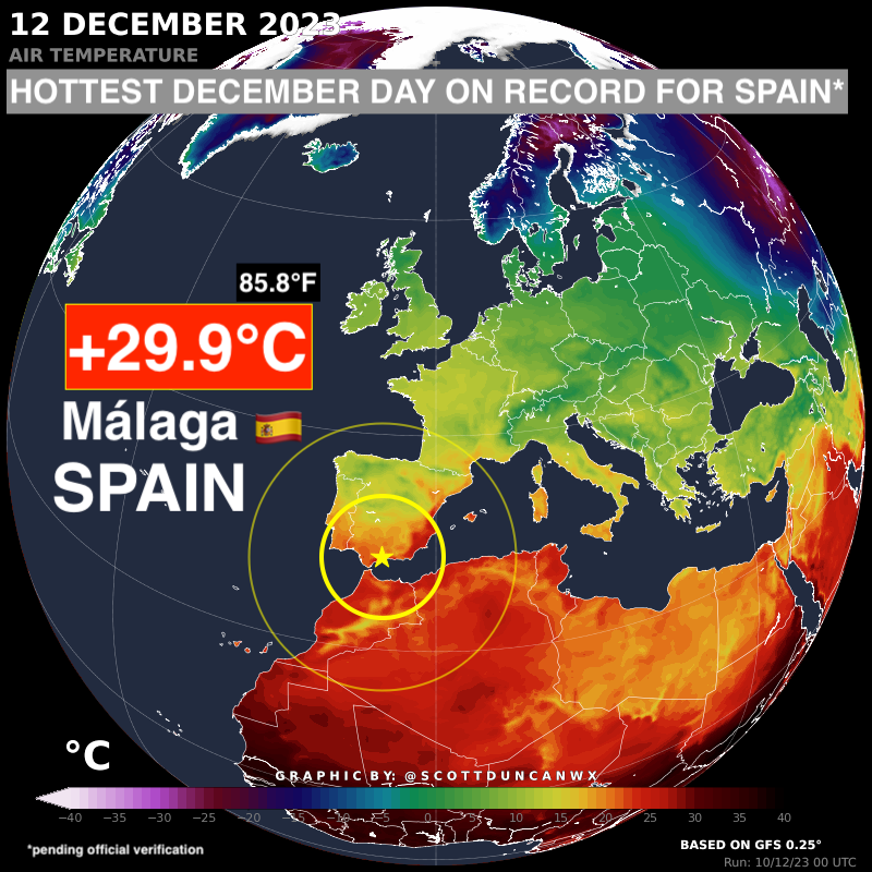  섭씨 30도에 육박하는 스페인 말라가의 이상 고온을 나타낸  인포그래픽. 출처: 기후학자 스콧 던컨 SNS