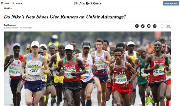 뉴욕타임스는 첨단 운동화 사용금지 여부가 국제 스포츠계의 관심사가 됐다고 보도했다.