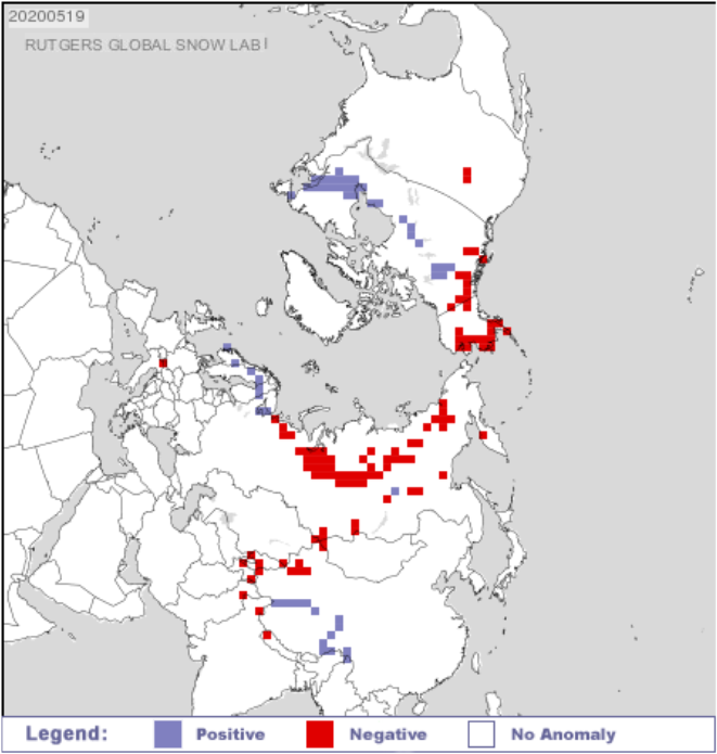 5월 19일 현재 유라시아 대륙의 눈 덮임 평년 편차. 붉은색으로 나타난 지역이 평년보다 눈이 적게 덮인 지역으로 최근 티베트 서쪽 지역을 중심으로 눈 덮임이 빠르게 감소하고 있다.