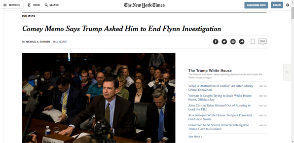 지난달 16일 ‘러시아 스캔들’ 수사 중단 압력 요구를 폭로한 NYT 보도