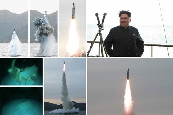 북한은 2016년 4월 24일 김정은 국방위원회 제1위원장이 참관한 가운데 잠수함탄도미사일(SLBM) 수중시험발사에 성공했다고 주장하며 관련 사진을 공개했다. (사진 노동신문)