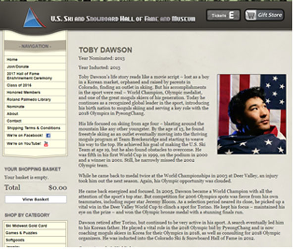 토비 도슨 씨는 2014년 4월 한국인으로는 처음으로 ‘미국 스키 명예의전당’에 헌액됐다.