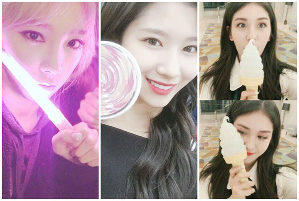 왼쪽부터 소녀시대 태연, 트와이스 사나, 아이오아이 전소미의 응원봉 인증샷