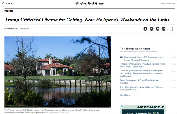 뉴욕타임스는 오바마의 골프를 비판해온 트럼프가 주말을 골프를 하느라 다 보냈다고 보도했다.