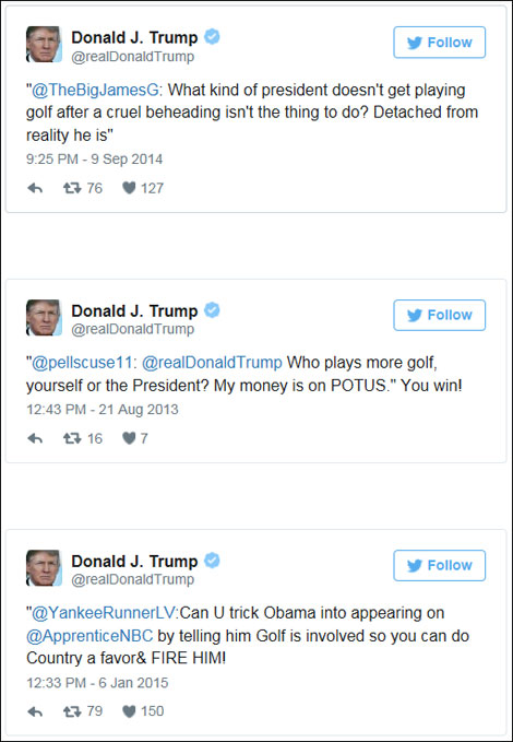 트럼프는 수년 동안 트위터를 통해 오바마 대통령의 골프를 비난해왔다.