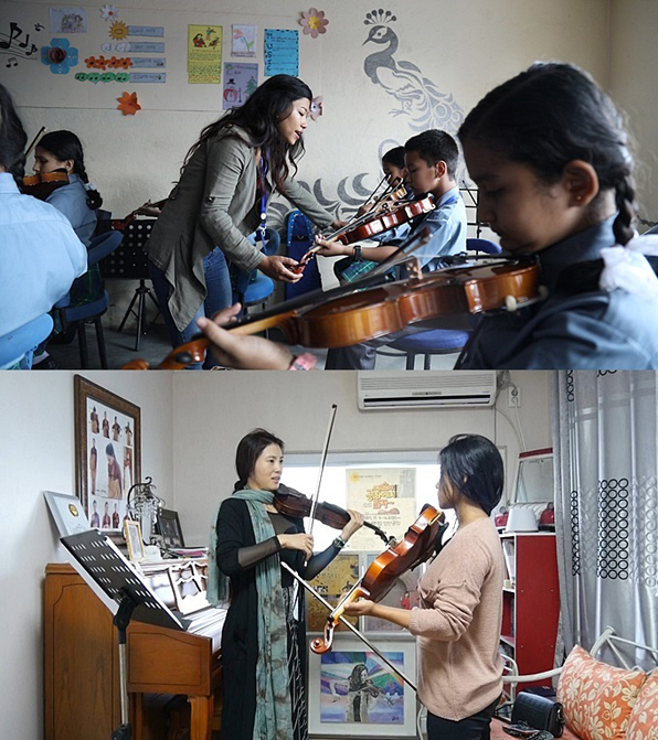 위: 포비 슈레스타 씨가 방과 후 수업을 하는 모습, 아래: 백현경 바이올리니스트와 연습하는 모습