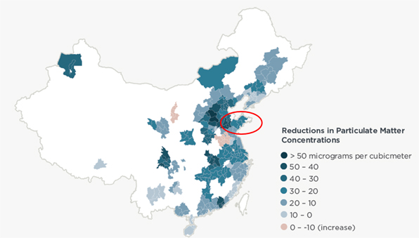 중국 내 도시별 초미세먼지 농도 변화량 （2013년 대비 2017년 농도, EPIC 보고서 중 발췌）