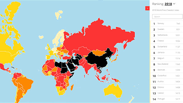 세계언론자유지도, 출처 : 국경없는기자회 홈페이지