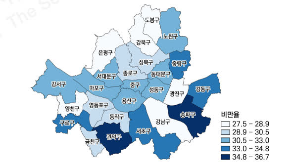 2014년 서울시 자치구별 남성 비만율 / 출처 : 서울시민의 비만추이와 결정요인
