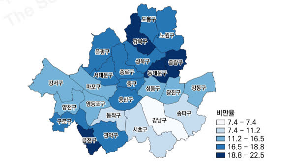 2014년 서울시 자치구별 여성 비만율 / 출처 : 서울시민의 비만추이와 결정요인