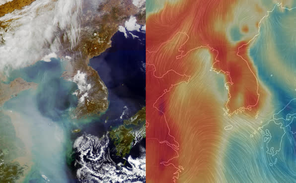 지난 23일 천리안 틀루컬러 RGB(좌)와 어스윈드맵(earthwindmap) 예측 자료(우)