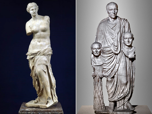 (좌)밀로의 비너스, 기원전 130~100년, 루브르박물관 (우)조상의 흉상을 들고 있는 로마의 귀족, 1세기경, 카피톨리노박물관