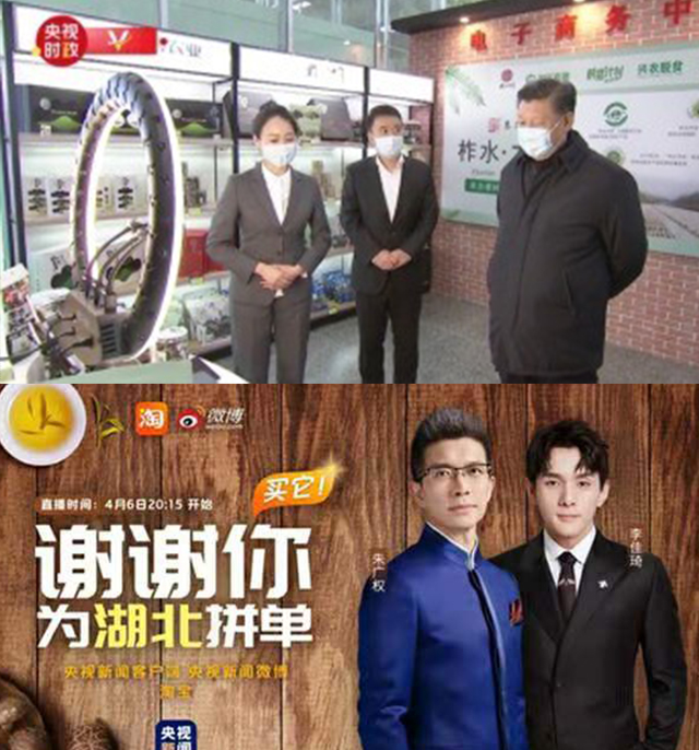 지난 4월 시진핑 주석이 산시성 시찰 도중 지역 특산품을 판매 중인 라이브 커머스 현장에 ‘깜짝’ 출연했다.(위) 국영 CCTV는 후베이성 돕기 특별 온라인 생방송에 유명 왕홍 리자치를 출연시켰다.(아래) 