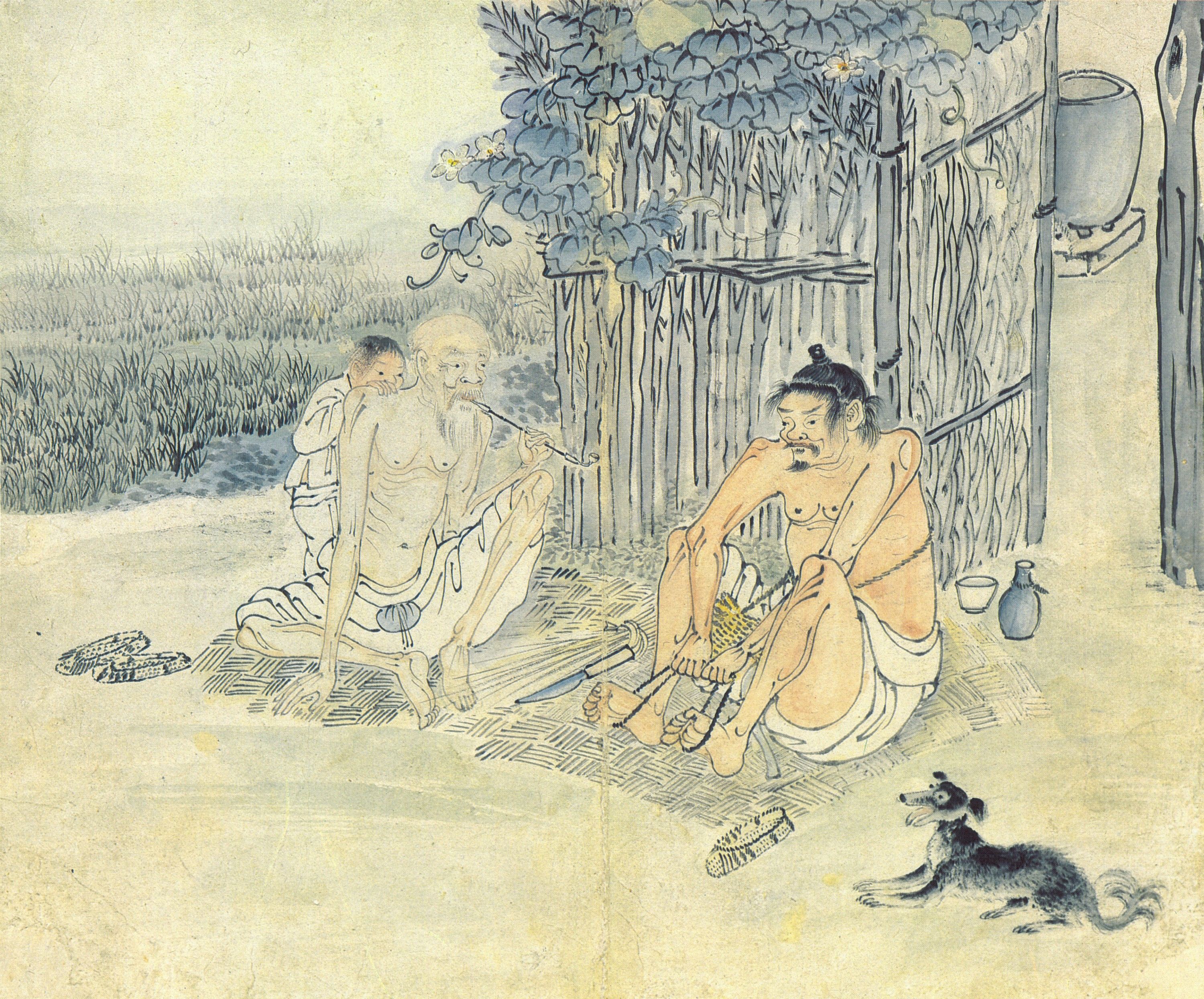 김득신 〈한여름의 짚신삼기〉，종이에 옅은 채색， 22.4×27.0cm, 보물 제1987호， 간송미술문화재단