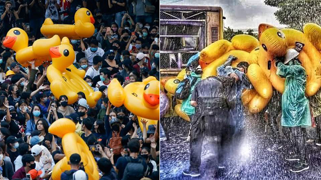 시위대가 경찰 물대포에 러버덕으로 저항하면서 ‘러버덕’은 태국 시위의 상징이 되고 있다.