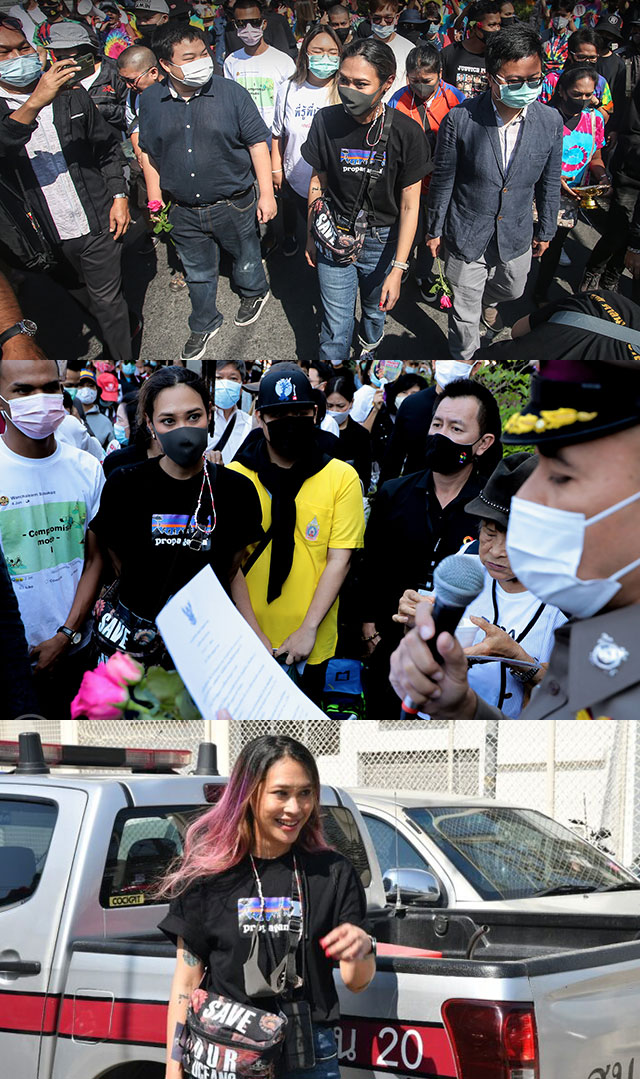 방콕 방켄 메트로폴리탄경찰서에 출두한 영화배우 ‘샤이’， 왕실모독죄로 기소될 가능성이 높다.