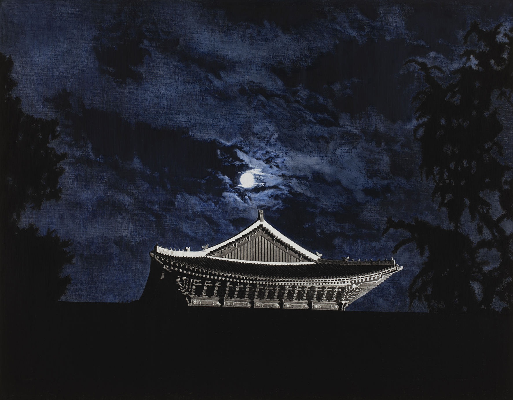 〈블루 클라우드(경복궁 근정전)〉, 캔버스에 새김, 오일 파스텔, 아크릴릭, 91×116.8cm, 2021