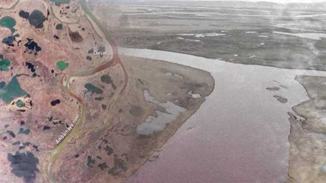 경유 오염 러시아 암바르나야강 위성 사진, 사진 출처: AFPTV