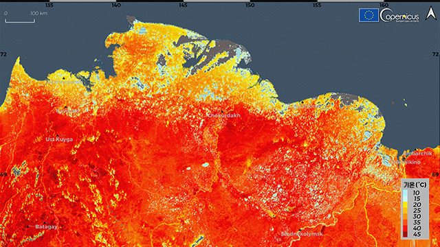 유럽연합(EU) 산하 코페르니쿠스기후변화서비스가 6월 20일 러시아 시베리아 지역의 지표면 온도를 측정해 공개한 이미지 [사진 출처 : AP=연합뉴스]