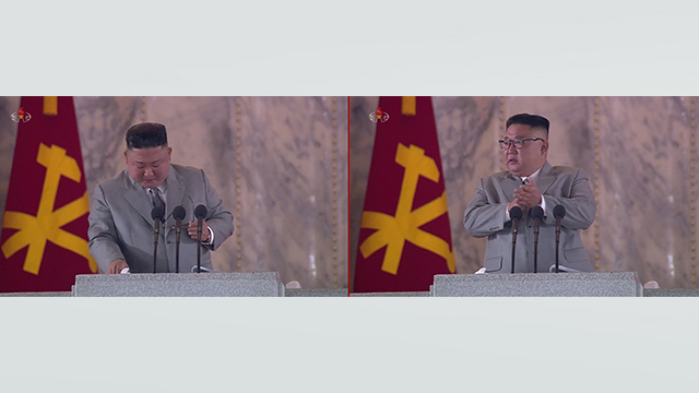 회색 양복을 입은 김정은 북한 국무위원장이 10일 새벽 열린 당 창건 75주년 기념 열병식에서 연설을 하던 중 안경을 벗고 눈물을 훔치고 있다.