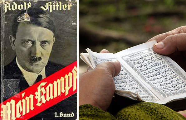히틀러의 자서전 ‘나의 투쟁’(왼쪽)과 이슬람의 경전 ‘쿠란’(오른쪽)