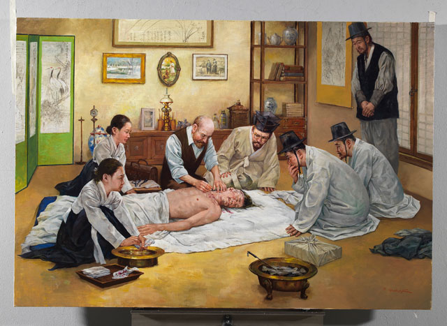 1884년 12월 4일 알렌이 민영익 대감 치료한 순간을 그린 기록화. 세브란스병원 제공.