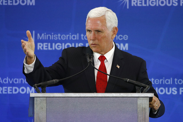 마이크 펜스 부통령이 미국 국무부가 주최한 ‘종교 자유 증진을 위한 장관급 회의’에서 연설하고 있다. 그는 이 자리에서 “북한에 종교 자유 보장을 압박할 방침”이라고 밝혔다. (지난 18일)