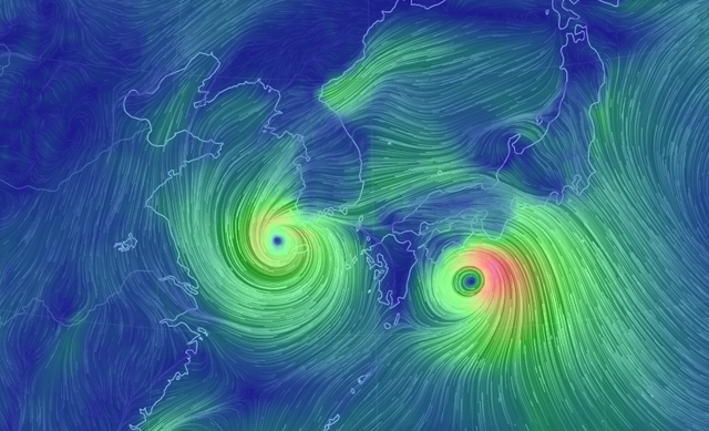 지난 23일 바람 예상도. 한반도 서쪽에 19호 태풍 ‘솔릭’이, 동쪽에는 20호 태풍 ‘시마론’이 북상하고 있다.(자료 : 어스윈드맵)