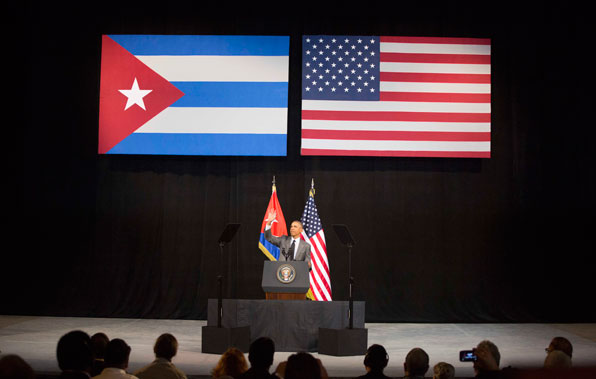 오바마 미 대통령이 쿠바 아바나에서 역사적인 연설을 하고 있다. (사진 AP)