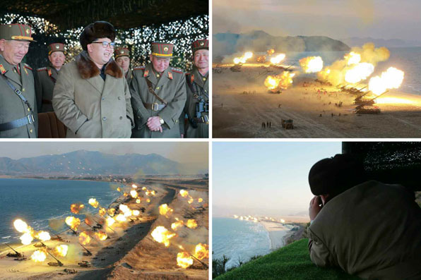 북한은 오늘(25일)자 ‘노동신문’을 통해 인민군 전선 대연합부대 장거리 포병대의 집중 화력 타격 연습 장면을 보도했다. (사진: 북한 노동신문)