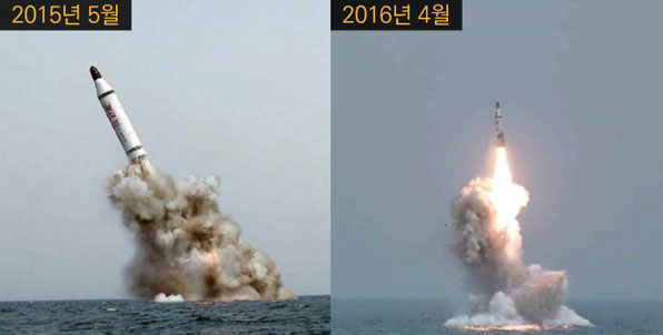 북한이 공개한 SLBM의 지난해 5월과 어제(23일) 발사 장면. 지난해 5월 발사(왼쪽)에서는 다소 비스듬하게 기울어져 발사됐지만, 어제(오른쪽)는 해수면과 거의 수직으로 발사된 것을 볼 수 있다. 