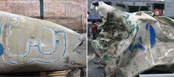 북한이 2월 발사한 장거리미사일 연료탱크 잔해물 사진(왼쪽). 지난 2012년 북한이 발사한 장거리미사일(오른쪽)에서도 발견됐던 숫자 '3'이 동일하게 확인됐다. (사진:국방부 제공) 