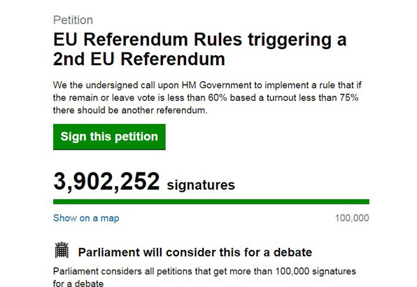 브렉시트 재투표를 요구하는 시민들의 청원이 390만 명을 넘었다. (사진=영국 정부·의회 청원 사이트 캡처)  