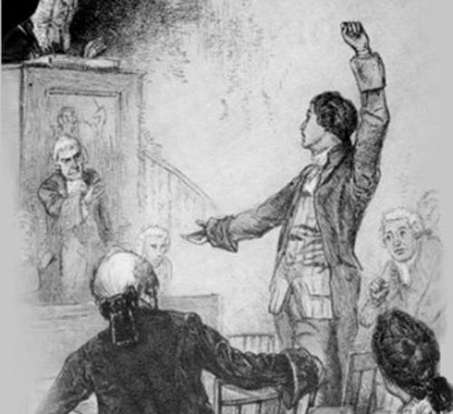 “자유가아니면 죽음을달라”고 외치는 패트릭 헨리의 연설 장면(1876년의 판화)