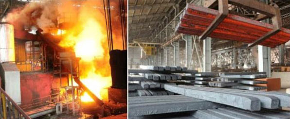 천리마제강연합기업소의 강철 생산 모습이다. 용광로에서 불길이 치솟아 오르고 생산된 강철이 쌓여가고 있다.
