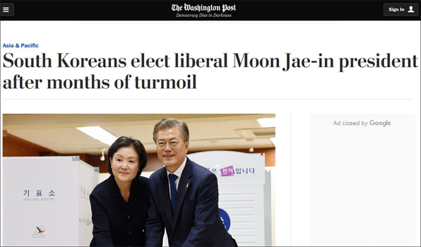 워싱턴포스트는 몇 달 동안의 혼란 끝에 남한은 자유주의 문재인 대통령을 선출했다고 보도했다.