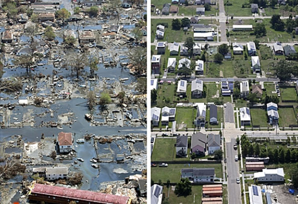  2005년 허리케인 카트리나로 인해 강물이 범람하면서 폐허가 된 미국 뉴올리언스(사진 왼쪽)와 10년 뒤인 2015년 복구된 뉴올리언스 주택가 풍경.