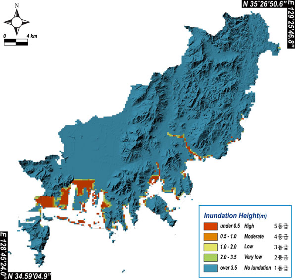 부산발전연구원과 부산대 손문 교수팀이 공개한 지진해일 재해지도. 지도 아래쪽 갈색 지역이 지진해일 고위험 지역이다.