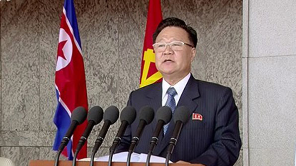 최룡해 북한 노동당 부위원장이 지난해 4월 15일 열병식에서 축하연설을 하고있다. 
