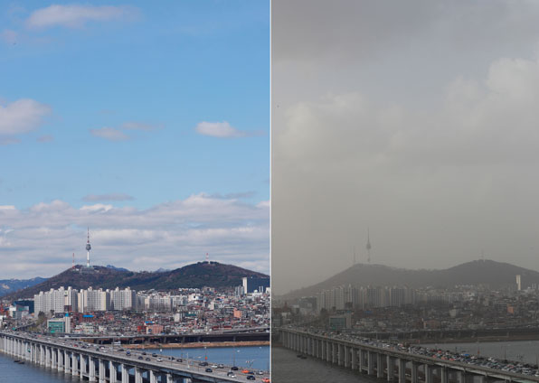 미세먼지 농도가 '매우 나쁨'단계를 나타낸 6일 오후 서울 시내 일대(오른쪽 사진)가 뿌옇다. 왼쪽 사진은 미세먼지 농도 '좋음' 단계를 보인 4일 오후 서울 시내 일대 모습.