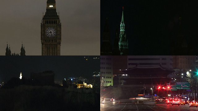 지난달 30일 ‘어스아워（Earth Hour）’ 행사에 맞춰 소등한 런던 빅벤과 모스크바 크렘린궁, 서울 숭례문, 아테네 아크로폴리스 파르테논 신전（왼쪽 위부터 시계방향으로）